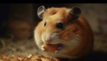 Fluffy baby rabbit eating sweet food indoors generated by AI photo