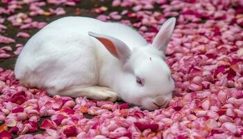 Fluffy baby rabbit sitting in green meadow generated by AI photo