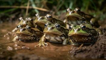 Green toad sitting in wet swamp pond generated by AI photo