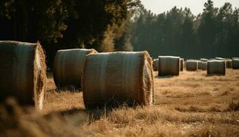 Golden wheat bales stack in rural meadow generated by AI photo