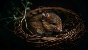 Fluffy baby rabbit sitting in animal nest generated by AI photo