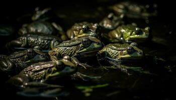 Slimy bullfrog sitting in wet green swamp generated by AI photo