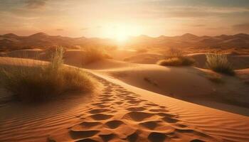 Tranquil sunrise over rippled sand dunes in Africa generated by AI photo