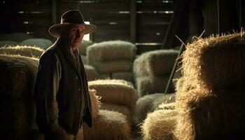 Senior rancher in warm coat harvesting hay generated by AI photo