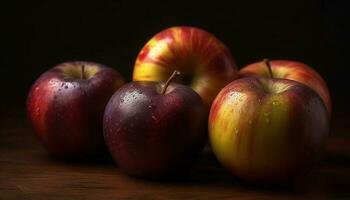 Organic apple drops with dew on leaf generated by AI photo