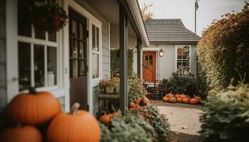 Rustic porch decoration with pumpkin lanterns and gourds generated by AI photo