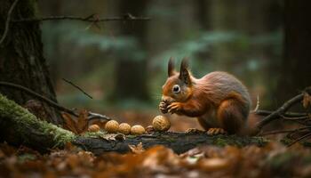 mullido gris ardilla comiendo avellana en rama generado por ai foto