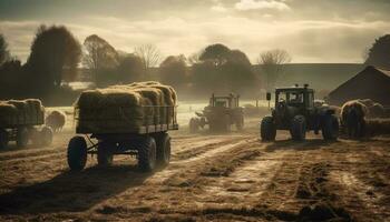 Farmer driving combine harvester through wheat field generated by AI photo