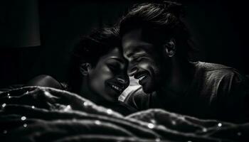 Smiling young couple in love embracing in bed generated by AI photo