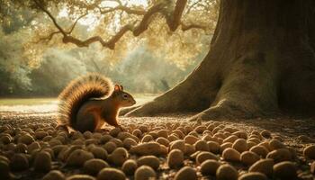 Fluffy mammal sitting on branch, autumn sunlight generated by AI photo