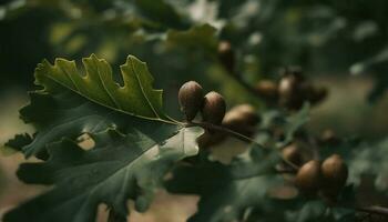 Fresh autumn acorn on green forest branch generated by AI photo