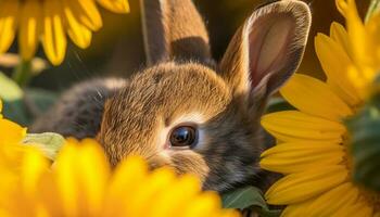 Fluffy baby rabbit in green meadow generated by AI photo