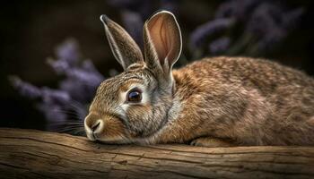 Fluffy baby rabbit sitting in nature grass generated by AI photo