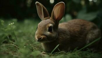 Fluffy baby rabbit sitting in green meadow generated by AI photo