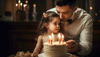 caucásico familia celebra cumpleaños con pastel y vela generado por ai foto