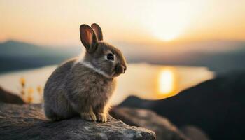 Fluffy baby rabbit sitting in the grass generated by AI photo