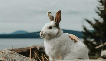mullido joven Conejo sentado en césped campo generado por ai foto