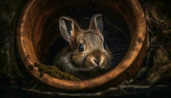 Fluffy baby rabbit sitting in grass field generated by AI photo