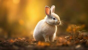 Fluffy baby rabbit sitting in green meadow generated by AI photo