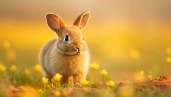 Fluffy baby rabbit sitting in green meadow generated by AI photo