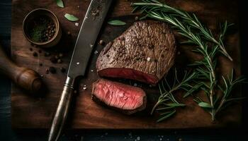 Grilled porterhouse steak, herb seasoning, cutting board generated by AI photo