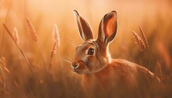 Fluffy rabbit sits in meadow at sunrise generated by AI photo