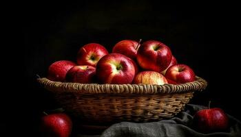 orgánico manzana cosecha en mimbre cesta, refrescante bocadillo generado por ai foto