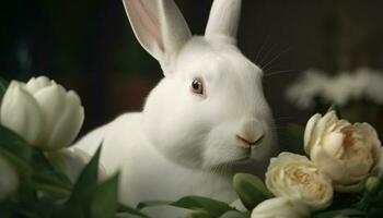 Fluffy baby rabbit sitting in green grass generated by AI photo