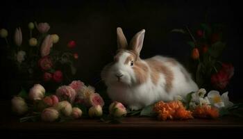 Fluffy baby rabbit sitting in fresh grass generated by AI photo