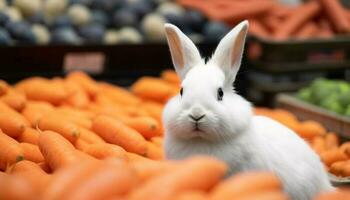 mullido bebé Conejo comiendo Zanahoria en cesta generado por ai foto
