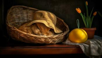 Fluffy kitten in wicker basket, surrounded by gifts generated by AI photo