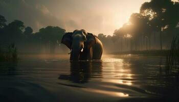 Elephant silhouette backlit by sunrise in forest generated by AI photo