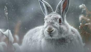 Fluffy hare looking at camera in snow generated by AI photo