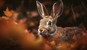 Fluffy young rabbit sitting in autumn grass generated by AI photo