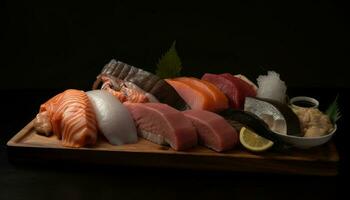 Fresh seafood plate, Japanese culture on display generated by AI photo