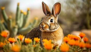 Fluffy baby rabbit sits in green meadow generated by AI photo