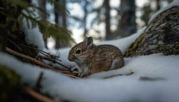 Fluffy hare sitting in snow, alert and tranquil generated by AI photo