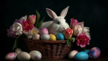 Cute baby rabbit holds pink tulip gift basket generated by AI photo