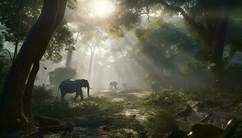 Elephant walking through tranquil tropical rainforest landscape generated by AI photo