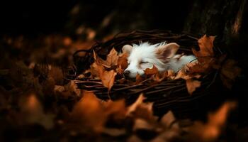 Cute puppy terrier sitting in autumn forest generated by AI photo