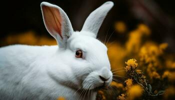 Fluffy baby rabbit sitting in meadow, looking generated by AI photo