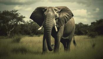 Large African elephant walking in tranquil wilderness generated by AI photo