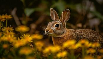 Fluffy baby rabbit sitting in green grass generated by AI photo