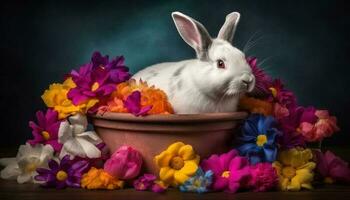 Fluffy baby rabbit sits in flower pot generated by AI photo