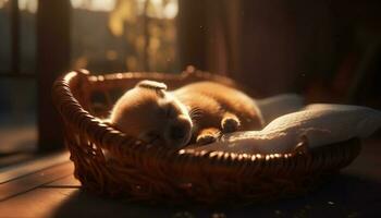 Fluffy kitten sleeping in comfortable basket indoors generated by AI photo