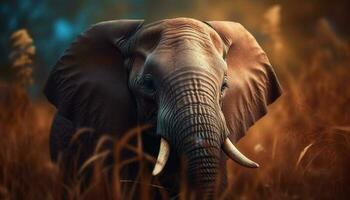 African elephant walking in tranquil savannah grass generated by AI photo