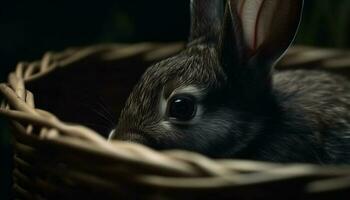 Fluffy baby rabbit sits in grass basket generated by AI photo