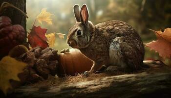Fluffy young rabbit sitting on autumn leaves generated by AI photo