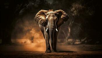 Majestic African elephant standing in tranquil forest generated by AI photo