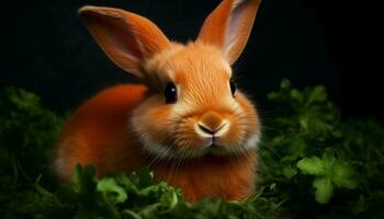 Fluffy baby rabbit sitting in green meadow generated by AI photo